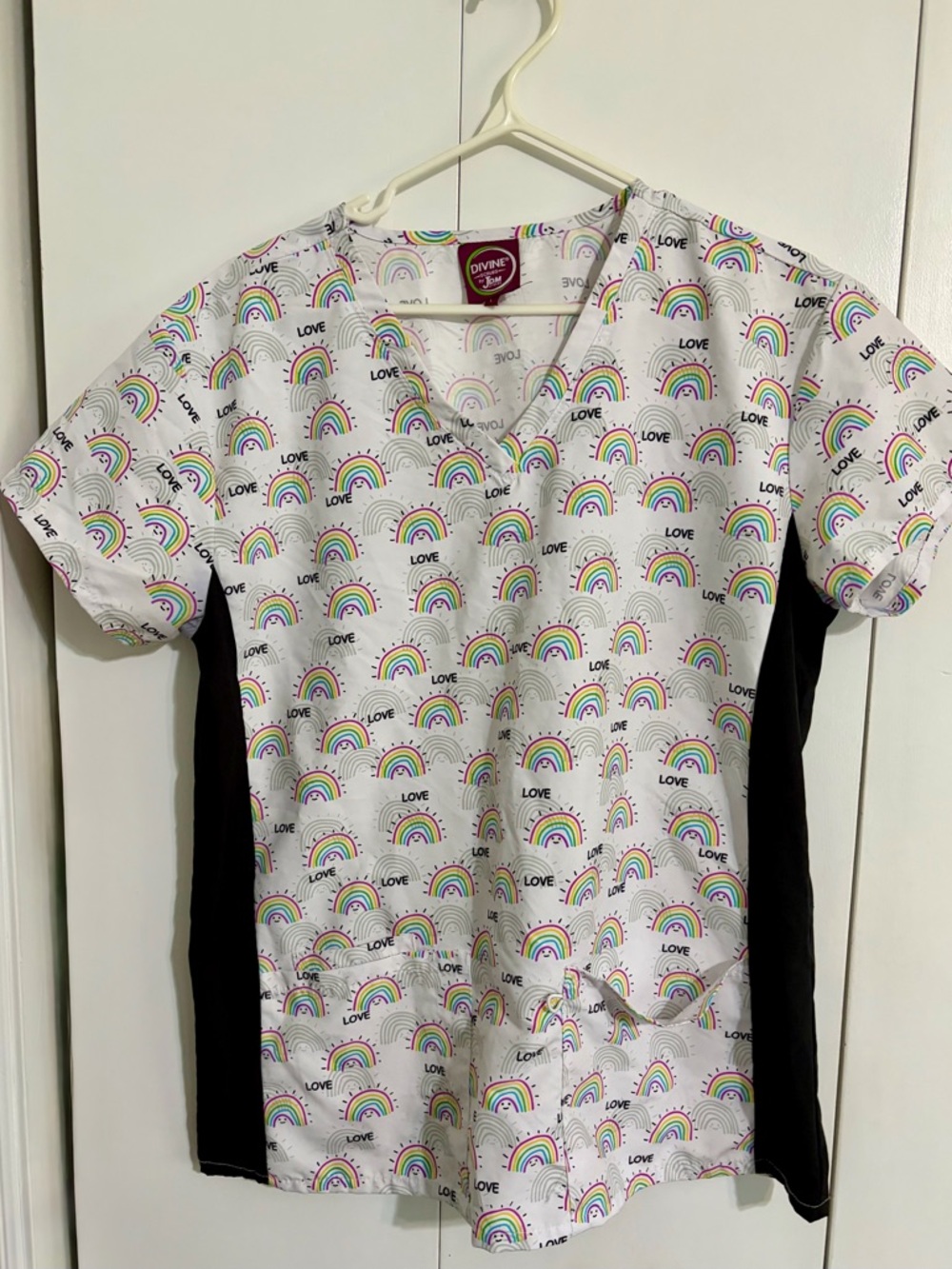 White Rainbow Print V-Neck Scrub Top with Black Side Panels